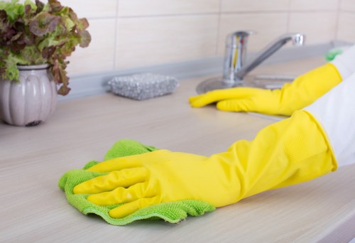 Worker assessing cleaning hazards and using controlled procedures