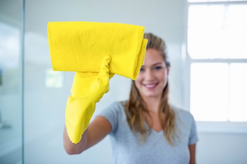 Technician wearing PPE while cleaning a carpet